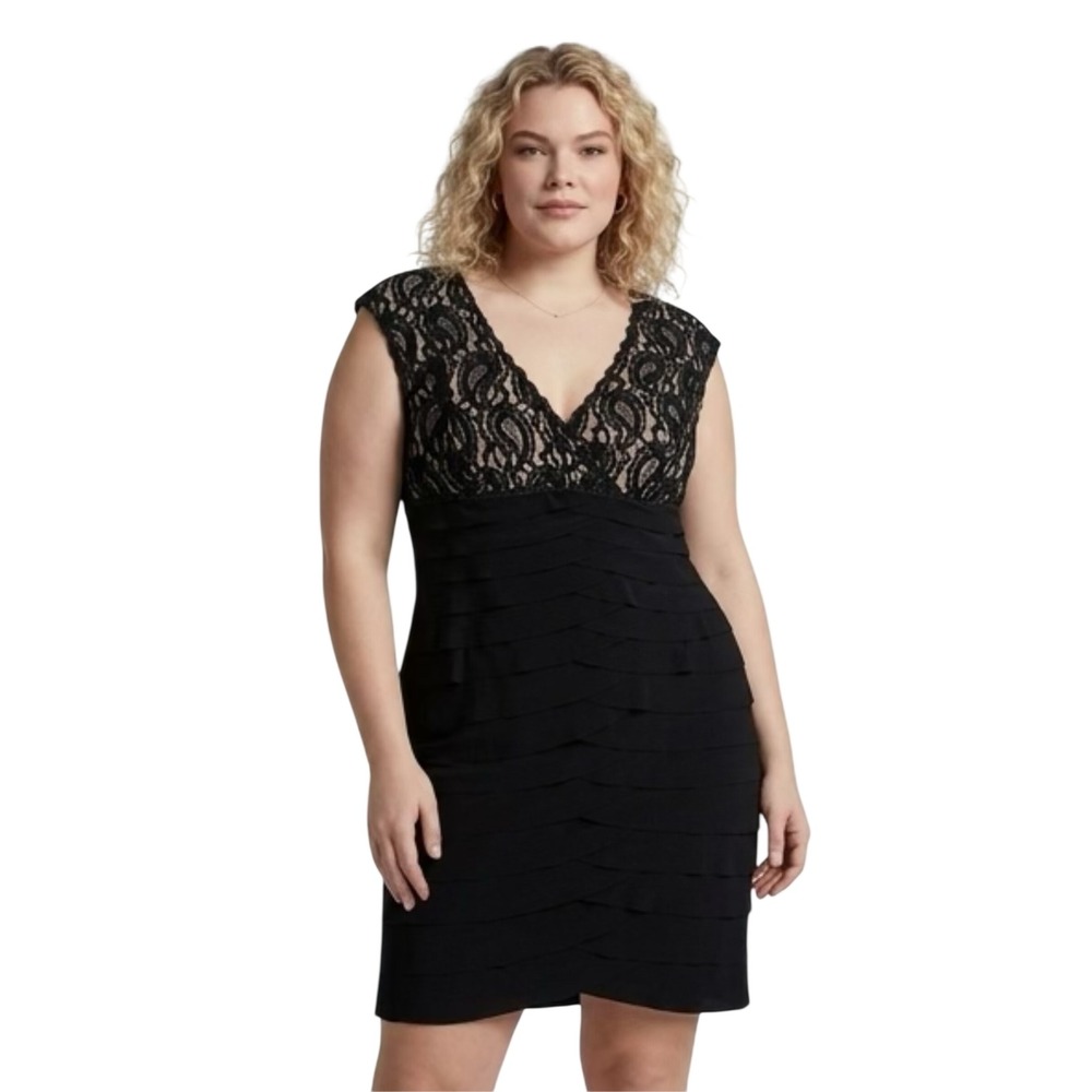 Jones & Co Womens Black Lace V-Neck Tiered Ruffle Sheath Cocktail Dress Size 16